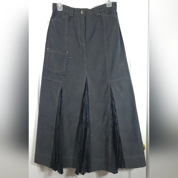 Vintage Blue Cargo Maxi Skirt M Contrast Stitch Pleated Godet Utilitarian Vtg - Picture 2 of 10